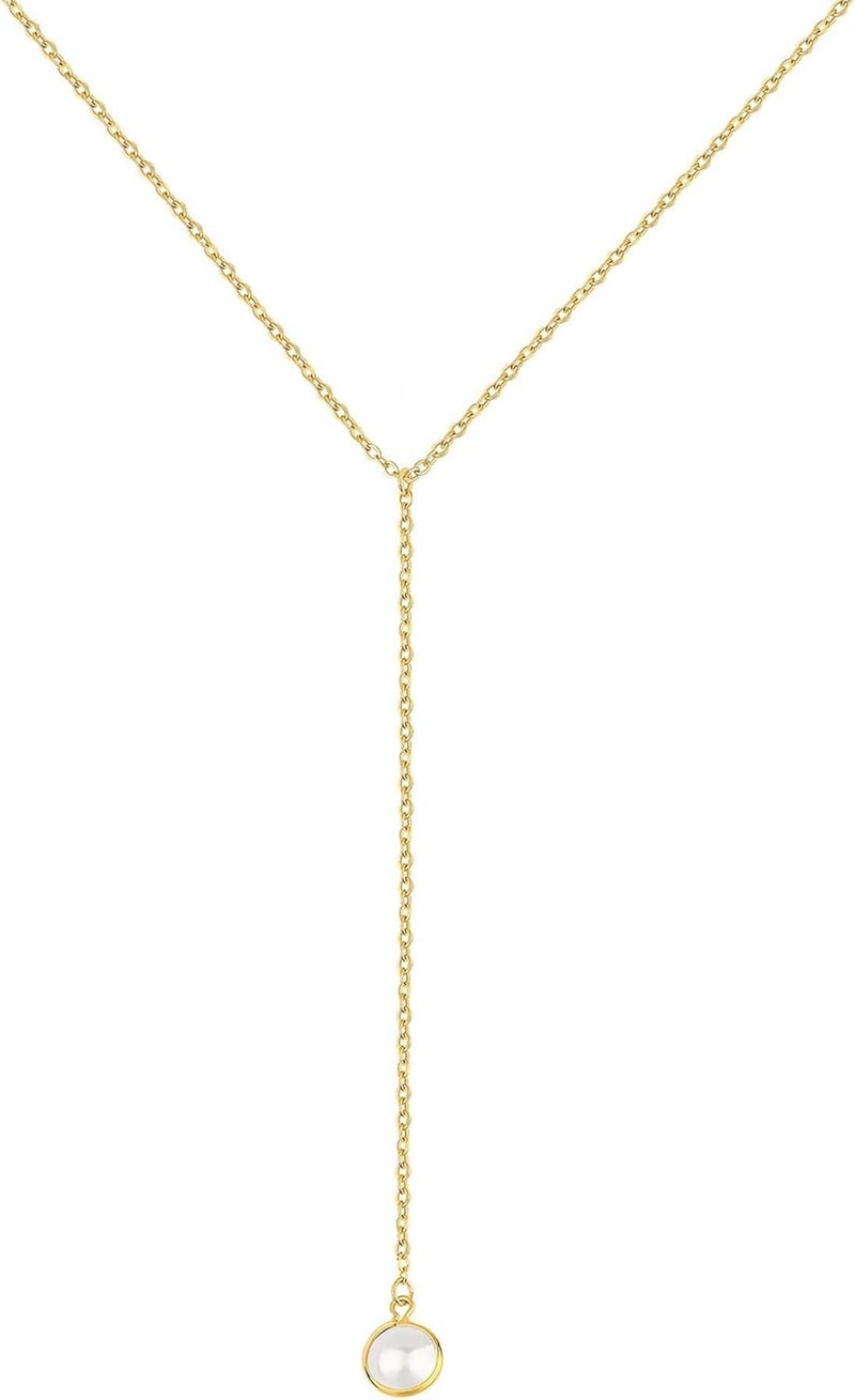 Tewiky Lariat Necklace for Women, Dainty Long Necklaces 14k Gold Plated Heart Pearl CZ Teardrop Pendant Necklace Simple Drop Necklace Trendy Y Necklace Fashion Jewelry for Women - Image 1